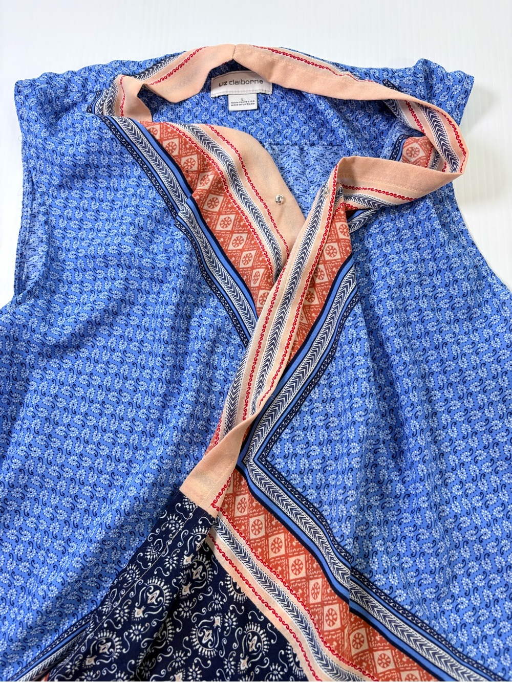 Liz Claiborne Snap Wrap Asymmetric Boho Sleeveless Top Vibrant Patchwork SzL - Picture 12 of 12